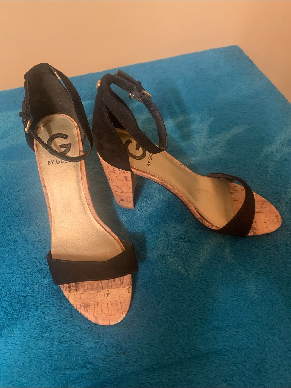 G by Guess Black Open-Toe Cork Block Heel Sandals